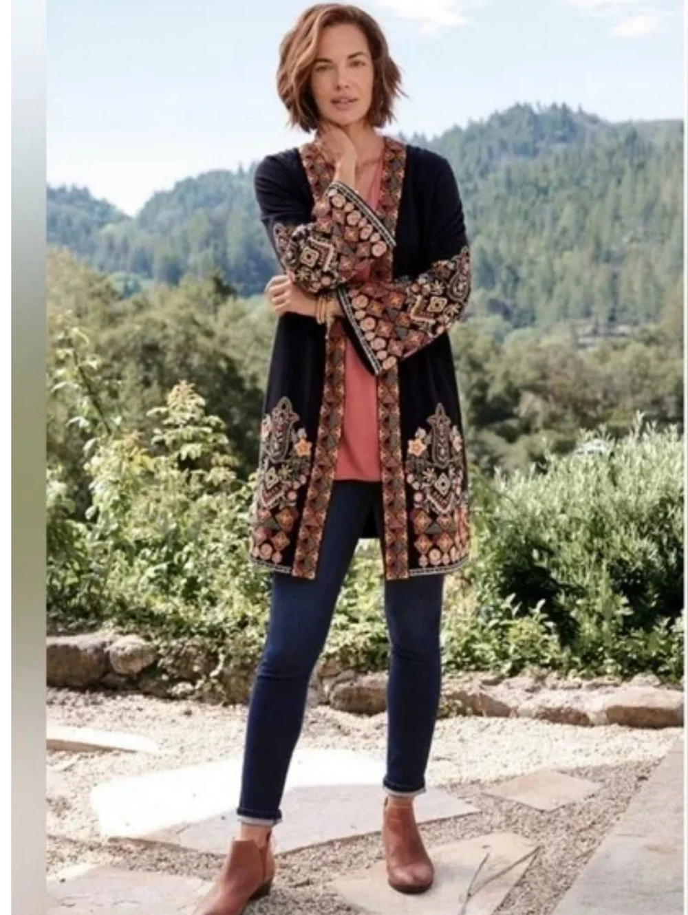 Soft Surroundings Fiberworks Black Open-Front Embroidered Kimono Cardigan - Picture 2 of 8